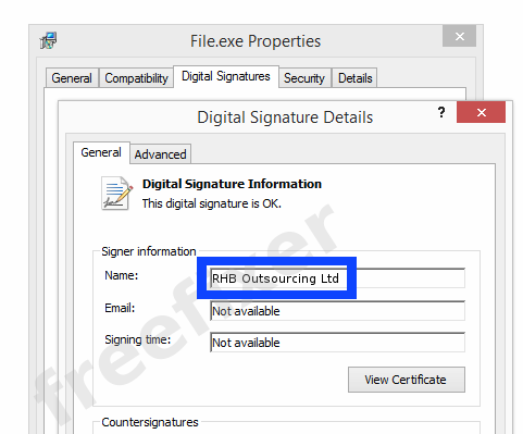 Screenshot of the RHB Outsourcing Ltd certificate